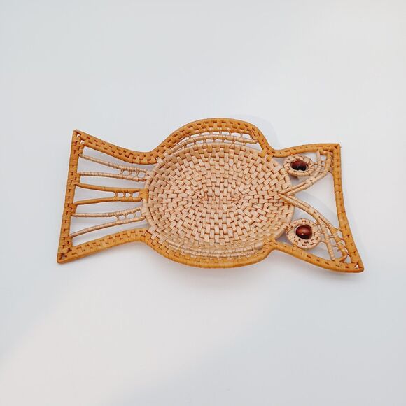 Vtg MCM OWL Rattan Raffia Boho Wall Trinket Table Decor Nature - Picture 2 of 8